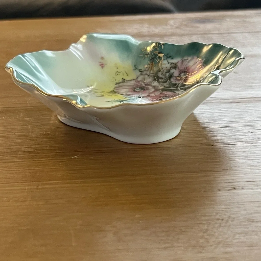 Vintage Lefton Hand Painted Floral Porcelain Trinket Dish Gold Trim‎ Japan